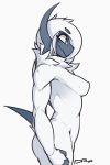  absol anthro anthrofied breasts drakeraynier female fur hair mammal nintendo nude pok&eacute;mon pok&eacute;mon_(species) pok&eacute;morph simple_background small_breasts smile solo video_games white_body 