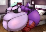  anthro araidian_(artist) bed bedroom belly big_belly big_breasts big_butt blush bra breasts butt clothing dragon female furniture hair hi_res horn huge_breasts huge_butt huge_thighs hyper hyper_belly hyper_breasts hyper_butt hyper_thighs inside legwear light looking_at_viewer overweight pillow rovdyr stockings table tailwag thick_thighs torn_clothing underwear 
