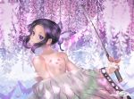  1girl blurry_foreground breasts bug butterfly butterfly_hair_ornament closed_mouth floating_hair flower hair_ornament highres holding holding_sword holding_weapon hydrangea insect kimetsu_no_yaiba kochou_shinobu looking_at_viewer medium_breasts nekopurrincess purple_eyes purple_flower purple_hair shiny shiny_hair short_hair shoulder_blades sideboob sidelocks smile solo sword topless weapon 