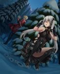  1boy 1girl bangs belt black_footwear black_gloves black_skirt blonde_hair blush boots breasts capelet chinese_commentary choker coat commander_(girls_frontline) commentary_request convenient_leg crossed_bangs crying crying_with_eyes_open destroyer_(girls_frontline) dutch_angle footprints fur-trimmed_capelet fur_trim gift girls_frontline gloves hair_between_eyes hands_up hiding highres long_hair looking_back mechanical_legs medium_breasts miniskirt moran_(pixiv27824646) multicolored_hair open_mouth outdoors panties pants pine_tree pleated_skirt red_capelet red_coat revision sangvis_ferri side_cutout silver_hair skin_tight skirt snow squatting streaked_hair tears tree twintails underwear white_panties yellow_eyes 