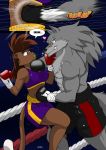  absurd_res anthro boxing breasts canid canine canis clothed clothing dialogue domestic_cat duo felid feline felis female hi_res male mammal sport wendel_fragoso wolf 