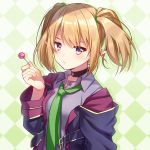  1girl absurdres argyle argyle_background bangs black_choker blonde_hair blue_jacket candy chloe_(princess_connect) choker closed_mouth collared_shirt colored_shadow drop_shadow eyebrows_behind_hair food green_neckwear hand_up highres holding holding_food holding_lollipop ichiren_namiro jacket lollipop long_sleeves looking_at_viewer necktie open_clothes open_jacket pointy_ears princess_connect! princess_connect!_re:dive purple_eyes purple_shirt shadow shirt sidelocks solo twintails upper_body 