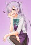  1girl anti_(untea9) asashimo_(kantai_collection) black_legwear blush commentary_request dress gradient gradient_background grey_hair hair_over_one_eye heart_lock_(kantai_collection) highres jewelry kantai_collection long_hair long_sleeves looking_at_viewer ponytail remodel_(kantai_collection) ring school_uniform shirt sitting sleeveless sleeveless_dress teeth thighhighs wedding_band white_legwear white_shirt 