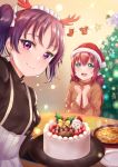  2girls :d black_sweater blurry blurry_background bow brown_sweater cake christmas christmas_tree closed_mouth earrings fake_antlers food fur-trimmed_hat green_eyes hair_bow hairband hat highres holding holding_plate jewelry kazuno_leah kurosawa_ruby long_hair long_sleeves looking_at_viewer love_live! love_live!_sunshine!! multiple_girls open_mouth plate purple_eyes purple_hair rama_(yu-light8) red_hair red_hairband red_headwear santa_hat shiny shiny_hair short_hair sitting smile sweater white_bow 