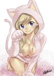  1girl animal_costume animal_ears animal_hood bangs barefoot blonde_hair blue_eyes breasts cardigan cat_costume cat_ears cat_hood cat_tail cleavage closed_mouth collarbone dress eden&#039;s_zero fake_animal_ears gloves hood hood_up leaning_forward long_hair looking_at_viewer mashima_hiro medium_breasts official_art partially_unzipped paw_gloves paws pink_gloves pink_sweater rebecca_(eden&#039;s_zero) shiny shiny_hair signature simple_background smile solo sweater sweater_dress swept_bangs tail thigh_gap white_background 