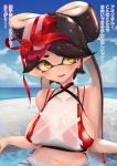  +_+ 1girl alternate_costume aori_(splatoon) bangs bare_shoulders bikini black_hair blue_sky blush breasts cloud collarbone commentary_request day earrings hair_ribbon happy highres horizon jewelry kashu_(hizake) large_breasts long_hair looking_to_the_side mole mole_under_eye navel object_on_head ocean open_mouth outdoors partially_submerged pointy_ears pool red_bikini red_ribbon ribbon see-through shiny shiny_hair shirt sideboob sitting skindentation sky sleeveless sleeveless_shirt smile solo splatoon_(series) stomach sweat swimsuit talking teeth tentacle_hair tentacles tied_hair translation_request twintails water wet wet_clothes white_shirt yellow_eyes 