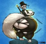  anthro araidian_(artist) arctic_fox ass_growth big_breasts big_butt bodily_fluids breasts butt canid canine clothing dark_caine_fancypants fox growth hat headgear headwear huge_breasts huge_butt huge_thighs hyper hyper_breasts hyper_butt hyper_thighs lactating mammal rear_view staff thick_thighs top_hat torn_clothing 