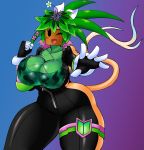  2020 absurd_res big_breasts blaster_master blush bodysuit breasts clothed clothing eyewear female flora_fauna flower goggles green_body green_skin hi_res humanoid kanna_(blaster_master) not_furry one_eye_closed open_mouth plant plant_humanoid skinsuit solo thick_thighs tight_clothing unknown_artist video_games videos_games wide_hips wink 