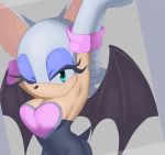  anthro bat_wings blue_eyeshadow breasts chiropteran cleavage clothed clothing eyelashes eyeshadow female fur gloves green_eyes handwear kalk427 makeup mammal membrane_(anatomy) membranous_wings one_eye_closed raised_arm rouge_the_bat simple_background smile solo sonic_the_hedgehog_(series) stretching white_body white_fur wings 
