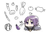  1girl bangs boned_meat braid carrot chibi closed_mouth cropped_torso daikon eggplant food fruit highres ichiren_namiro jitome meat parted_bangs pauldrons princess_connect! princess_connect!_re:dive pumpkin purple_eyes purple_hair shirogane_jun simple_background solo spring_onion tomato upper_body vs watermelon white_background 