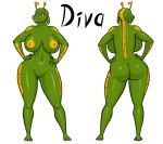  2017 alien areola breasts butt diva_(kostos_art) female full-length_portrait genitals green_body kostos_art lips navel nipples nude portrait pussy solo yellow_areola yellow_body yellow_lips yellow_nipples 