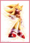  2014 anthro border clothing eulipotyphlan floating footwear fur gloves handwear hedgehog male mammal pink_border red_eyes shoes simple_background solo sonic_the_hedgehog sonic_the_hedgehog_(series) spacecolonie super_sonic white_background yellow_body yellow_fur 