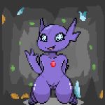  1:1 2020 3_fingers 3_toes blue_eyes butt_from_the_front cave chest_gem detailed_background digital_media_(artwork) female fingers gem_eyes genitals imactuallygarbage kneeling looking_at_viewer nintendo nude open_mouth open_smile pixel_(artwork) pok&eacute;mon pok&eacute;mon_(species) purple_body pussy sableye smile solo toes video_games 