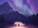 2018 4:3 aurora_borealis canid canine canis detailed_background feral fur hi_res light lighting mammal mountain night outside sky snowfoxatheart solo star starry_sky tree white_body white_fur wolf 