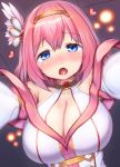  1girl blue_eyes breasts cleavage commentary crying crying_with_eyes_open danbo_(rock_clime) detached_sleeves hair_ornament heart kusano_yui large_breasts open_mouth pink_hair pov princess_connect! princess_connect!_re:dive short_hair solo tears upper_body 