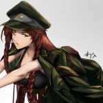  1girl adapted_costume bare_arms black_shirt braid breasts cleavage commentary_request green_eyes green_headwear hat highres hong_meiling jacket_on_shoulders long_hair looking_at_viewer military military_hat military_jacket military_uniform oregano_(olgn_eao) peaked_cap red_hair shirt solo tank_top touhou twin_braids uniform white_background 