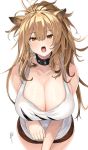  1girl animal_ear_fluff animal_ears arknights be_garam blonde_hair blush breasts cleavage collar collarbone eyebrows_visible_through_hair fangs hair_between_eyes highres large_breasts lion_ears long_hair looking_at_viewer open_mouth siege_(arknights) simple_background solo tank_top white_background white_tank_top yellow_eyes 