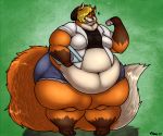  anthro araidian_(artist) big_butt bottomwear butt canid canine clothing doughnut food fox hat headgear headwear hotpants huge_thighs hyper hyper_thighs looking_at_viewer male mammal overweight shorts thick_thighs 