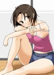 1girl bangs blue_shorts breasts brown_eyes brown_hair camisole casual cleavage closed_mouth commentary elbow_on_knee eyebrows_visible_through_hair girls_und_panzer indoors looking_at_viewer medium_breasts nana_(manaita_koumuten) on_floor parted_bangs pink_shirt sawa_azusa shirt short_hair short_shorts shorts shouji sitting sliding_doors smile solo strap_slip wooden_floor 