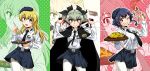  1girl ;) anchovy_(girls_und_panzer) anzio_(emblem) anzio_school_uniform bangs belt beret black_belt black_cape black_hair black_headwear black_neckwear black_ribbon black_skirt blonde_hair braid brown_eyes cape carpaccio_(girls_und_panzer) character_name chopsticks closed_mouth commentary cowboy_shot dated dress_shirt drill_hair emblem eyebrows_visible_through_hair food fork girls_und_panzer green_eyes green_hair grin hair_ribbon halftone happy_birthday hat highres holding holding_chopsticks holding_food holding_fork holding_towel holding_tray italian_text long_hair long_sleeves looking_at_viewer miniskirt necktie object_behind_back one_eye_closed oosaka_kanagawa open_mouth outline pantyhose pasta pepperoni_(girls_und_panzer) pleated_skirt red_eyes ribbon school_uniform sharp_teeth shirt short_hair side_braid skirt smile solo spaghetti standing teeth towel translated tray twin_drills twintails v-shaped_eyebrows white_legwear white_outline white_shirt zoom_layer 
