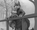  2020 anthro anthro_on_anthro buckteeth canid canine canis cheek_tuft clothed clothing coat domestic_dog duo facial_tuft greyscale head_tuft hi_res inner_ear_fluff mammal monochrome open_mouth open_smile outside rodent s1m sciurid smile suggestive teeth topwear tree tuft 