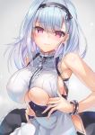  1girl anchor_choker apron azur_lane bangs bare_shoulders black_skirt blush breasts center_frills choker closed_mouth dido_(azur_lane) dress dress_pull earrings frilled_choker frills hinot jewelry large_breasts long_hair looking_at_viewer pink_eyes silver_hair skirt smile solo sweat underboob underboob_cutout underbust waist_apron white_apron white_dress wrist_cuffs 