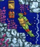  anthro bomb bubble chevyimpalass dynamite electricity explosives green_body green_skin male mask muscular muscular_male raphael_(tmnt) reptile sai scalie seaweed shell solo swimming teenage_mutant_ninja_turtles turtle underwater water 