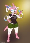  2020 alternate_species annoyed anthro band_shirt barefoot blue_sclera bottomwear breasts clothing eeveelution female halcy0n haley_the_meerkat hand_on_hip hi_res nintendo open_mouth pok&eacute;mon pok&eacute;mon_(species) ribbons shirt shorts simple_background solo standing sylveon t-shirt topwear video_games 