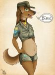 anthro belly canid canine canis clothing collar dialogue domestic_dog female geckoguy123456789 hat headgear headwear kraken_(artist) looking_at_viewer mammal navel pregnant solo speech_bubble uniform 