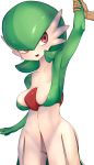  1girl areola_slip areolae arm_grab arm_up armpits bangs blush breasts collarbone commentary_request covered_nipples cowboy_shot disembodied_limb eyebrows_visible_through_hair gardevoir gen_3_pokemon green_hair green_skin hair_between_eyes happy highres kashu_(hizake) large_breasts looking_to_the_side navel no_humans open_mouth pokemon pokemon_(creature) red_eyes shiny shiny_hair shiny_skin short_hair simple_background skindentation smile solo standing sweat teeth two-tone_skin white_background white_skin 