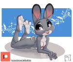  2020 absurd_res anthro breasts buckteeth chest_tuft dipstick_ears disney female fur grey_body grey_fur hi_res judy_hopps lagomorph leporid lying mammal multicolored_ears nipples nude on_front open_mouth open_smile purple_eyes rabbit siroc smile solo teeth tuft zootopia 
