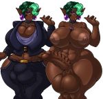  adjatha balls big_balls big_breasts big_penis breasts bulge dark_skin ear_piercing ear_ring elf genital_outline genitals gynomorph hair hair_over_eye hi_res huge_breasts humanoid humanoid_pointy_ears intersex looking_at_viewer mammal not_furry one_eye_obstructed penis penis_outline piercing solo trials_in_tainted_space wide_hips 