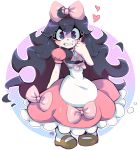  1girl 2017 black_eyes black_hair blush clenched_teeth cosplay fairy_tale_girl_(pokemon) fairy_tale_girl_(pokemon)_(cosplay) full_body hair_ribbon hex_maniac_(pokemon) highres long_hair milka_(milk4ppl) pink_background pink_ribbon pokemon pokemon_(game) pokemon_xy polka_dot polka_dot_background puffy_short_sleeves puffy_sleeves ribbon sandals short_sleeves signature socks solo standing sweat teeth white_legwear 