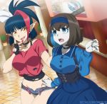  2girls black_hair black_shirt blue_dress blue_eyes blue_hair blue_shorts breasts chuunioniika commission denim denim_shorts doll_joints dress garie_tuman hairband highres large_breasts long_hair midriff millaarc multicolored_hair multiple_girls navel open_fly orange_eyes pale_skin pink_hair pink_nails pink_shirt pointy_ears senki_zesshou_symphogear senki_zesshou_symphogear_xv shiny shiny_hair shiny_skin shirt short_hair short_shorts shorts standing t-shirt teeth thighs torn_clothes torn_shirt two-tone_hair vampire yellow_eyes 