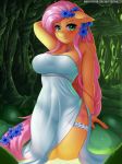  absurd_res accessory anthro big_breasts blush breasts clothed clothing cutie_mark digital_media_(artwork) equid equine female flower flower_in_hair fluttershy_(mlp) friendship_is_magic green_eyes hair hair_accessory hand_behind_head hi_res looking_at_viewer mammal my_little_pony plant pterippus smile solo text twistedscarlett60 url wet wings 