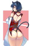  1girl animal_ears ass bangs black_hair blue_eyes breasts cat_ears cat_tail detached_sleeves from_behind highres japanese_clothes kimono large_breasts looking_at_viewer looking_back masao original short_hair simple_background solo tail thong two-tone_background 