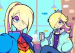  2girls blonde_hair blue_eyes blue_jacket can casual crossover crown denaseey eyeshadow hair_over_one_eye hand_in_pocket jacket makeup mario_(series) metroid mole mole_under_mouth multiple_girls ponytail puckered_lips rosalina samus_aran self_shot smile soda_can super_mario_galaxy super_smash_bros. varia_suit 