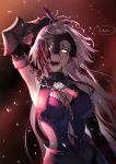  1girl :d absurdres arm_up armpits bare_shoulders black_dress blood blood_on_face bloody_hair bloody_weapon breasts chain cleavage commentary_request dress fate/grand_order fate_(series) french_text gauntlets hair_over_one_eye headpiece highres holding holding_sword holding_weapon jeanne_d&#039;arc_(alter)_(fate) jeanne_d&#039;arc_(fate)_(all) lace lace-trimmed_dress long_hair looking_at_viewer medium_breasts navel_cutout nipi27 open_mouth red_background silver_hair sleeveless sleeveless_dress smile solo speech_bubble sword teeth torn_clothes torn_dress upper_body very_long_hair weapon yellow_eyes 