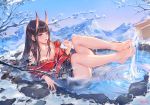  anthropomorphism atdan azur_lane barefoot black_eyes brown_hair horns japanese_clothes long_hair noshiro_(azur_lane) purple_eyes signed sky water wet winter 