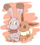  :3 brown_background brown_eyes bunnelby bunny creature eevee eye_contact flower full_body gen_1_pokemon gen_6_pokemon looking_at_another mizuto_(o96ap) no_humans pokemon pokemon_(creature) standing 