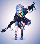  1girl asymmetrical_legwear bangs black_bra black_legwear black_shorts blue_eyes blue_hair bra carrying_over_shoulder clothes_writing commentary full_body gun hair_ornament hand_in_pocket hand_up hatsune_miku highres jacket leg_strap long_hair looking_at_viewer mechanical_arm midriff neriw shoes short_shorts shorts single_thighhigh sneakers solo standing thighhighs tongue tongue_out twintails underwear very_long_hair vocaloid weapon 