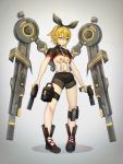  1girl bangs black_bow black_footwear black_shirt black_shorts blonde_hair blue_eyes boots bow breasts commentary crop_top dual_wielding full_body gun hair_bow highres holding holding_gun holding_weapon kagamine_rin leg_strap looking_at_viewer mechanical_parts medium_breasts midriff neriw shirt short_hair shorts smile solo standing suspender_shorts suspenders thigh_strap underboob v-shaped_eyebrows vocaloid weapon 