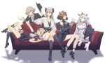  5girls arknights belt belt_boots blonde_hair boots breasts brown_hair cleavage couch crossed_legs feathers fedora glasses gloves grey_eyes grin hat horns ifrit_(arknights) krab leaning_forward long_hair looking_at_viewer looking_to_the_side lying mayer_(arknights) multiple_girls open_toe_shoes orange_eyes pantyhose platinum_blonde_hair ptilopsis_(arknights) puffy_sleeves saria_(arknights) sequins silence_(arknights) sitting skirt smile suit_jacket tablet_pc thigh_boots thighhighs twintails watermark white_background yellow_eyes 