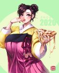  1girl beryl_(junkpuyo) bracelet breasts cheese_trail commentary_request earrings finger_licking food hanbok highres huge_breasts jewelry junkpuyo korean_clothes licking lips new_year original pizza purple_eyes purple_hair ring solo wedding_ring 