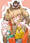  5girls absurdres ahoge alternate_costume american_bison_(kemono_friends) animal_ears bangs belt belt_buckle big_hair bird_tail bird_wings blonde_hair blowhole boots brown_eyes brown_hair buckle capelet chameleon_tail chibi chinese_white_dolphin_(kemono_friends) closed_eyes commentary_request dolphin_tail dorsal_fin dress eating extra_ears eyebrows_visible_through_hair facing_viewer fins food fur_collar gloves green_hair grey_eyes hair_between_eyes hanging head_tilt head_wings highres holding holding_weapon hood hood_up horns jewelry kemono_friends light_brown_hair lion_(kemono_friends) lion_ears looking_at_viewer minigirl multicolored_hair multiple_girls necktie panther_chameleon_(kemono_friends) pants pantyhose parsley_(simonov1941) parted_bangs pendant peregrine_falcon_(kemono_friends) pink_hair polearm shirt sidelocks sitting sitting_on_head sitting_on_person size_difference skirt smile tail tail_fin v-shaped_eyebrows weapon white_hair wings 