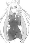  1girl ahoge alternate_costume animal_ear_fluff animal_ears arms_behind_back atalanta_(fate) bodysuit breasts cat_ears commentary covered_navel fate/grand_order fate_(series) hair_between_eyes long_hair looking_at_viewer medium_breasts monochrome nahu smile solo thigh_gap thighs very_long_hair 