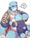  2018 ? anthro asian_clothing belly blue_body blue_fur bodily_fluids clothing duo east_asian_clothing fundoshi fur hug humanoid_hands japanese_clothing kemono male mammal overweight overweight_male robe sitting sweat underwear ursid white_body white_fur wolfsoul young 全兽出击 十泉介 十泉浩 