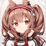  1girl angelina_(arknights) animal_ears arknights brown_hair choker expressionless headband jacket kurisu_tina long_hair long_sleeves looking_at_viewer portrait red_eyes solo twintails white_jacket zoom_layer 