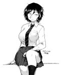  1girl :&lt; breasts character_request commentary_request constricted_pupils copyright_request dated high_contrast large_breasts leg_up looking_at_viewer messy_hair monochrome necktie pleated_skirt signature sitting skirt socks solo tsukudani_(coke-buta) 