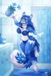  2019 anthro bathroom blue_body blue_fur blue_hair blue_theme bottle bra cheek_tuft clothed clothing detailed_background dolphydolphiana ear_tuft facial_tuft felid female flower fluffy fluffy_tail fur hair inside mammal navel open_mouth pawpads pink_nose plant potted_plant purple_eyes shower_curtain solo towel tuft underwear white_body white_fur 